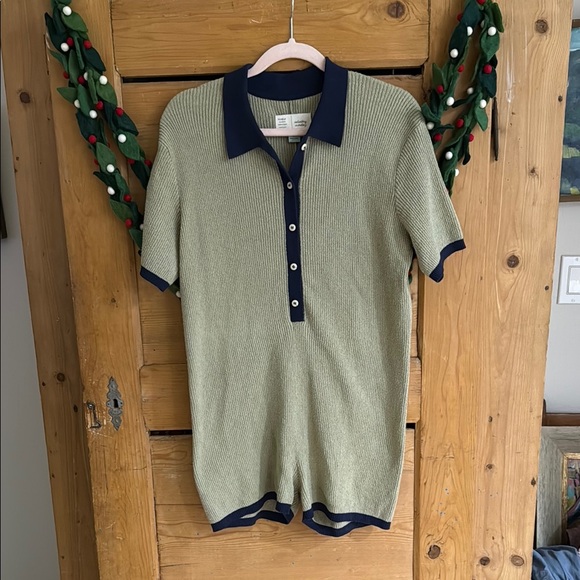 Anthropologie Saturday Sunday Ribbed Knit Romper Jumsuit Polo XS navy and olive - Picture 2 of 5